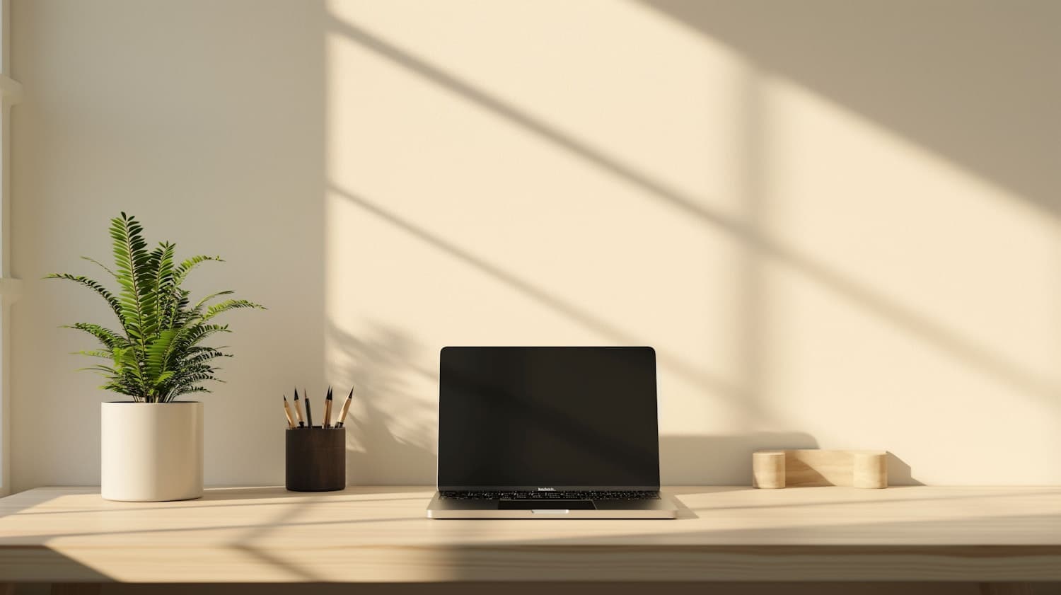 A tidy desk with a laptop, notebook and a small plant in natural light